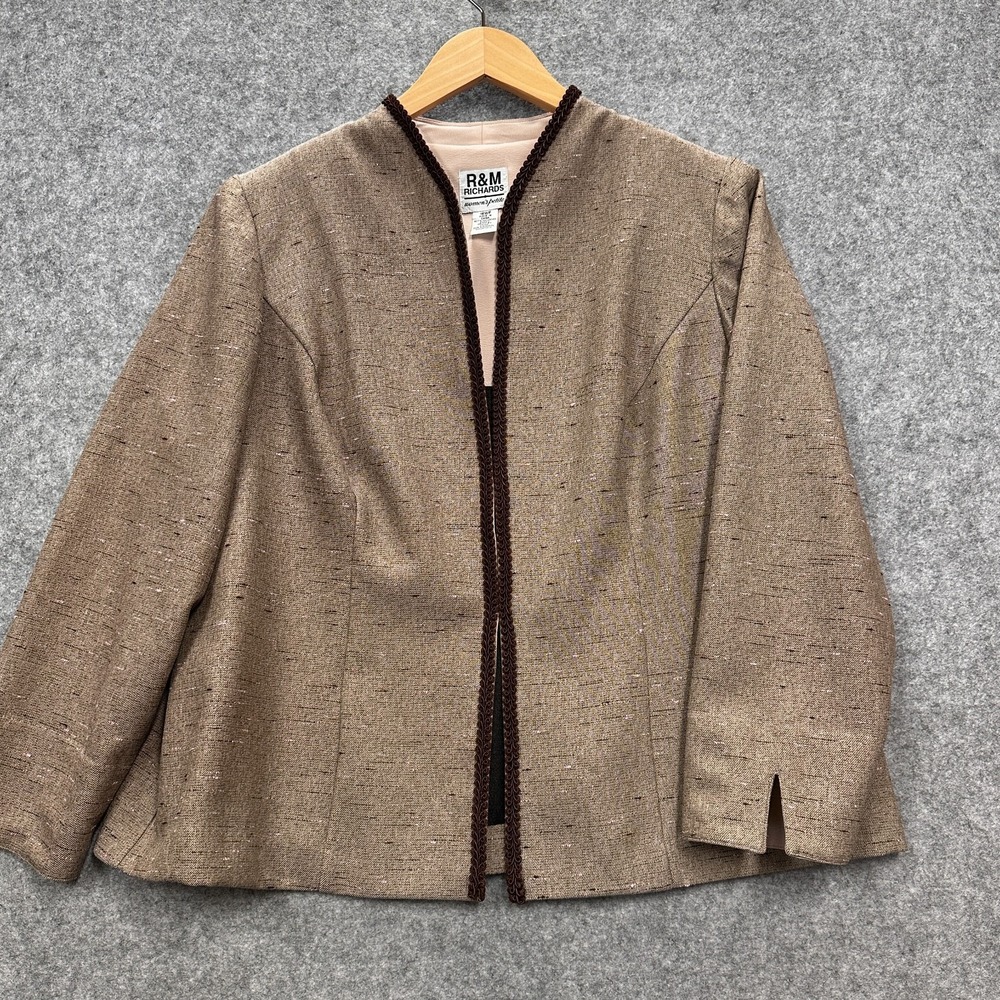 R&M Richards Jacket Womens Petite Plus 18WP‎ Brown Open Front Textured Trim